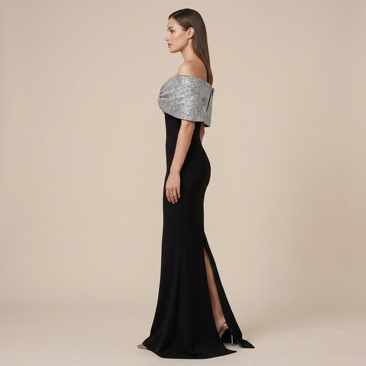 Black Crepe Off-the-Shoulder Silver Glitter Bow Mermaid Evening Gown-Vyana Collective