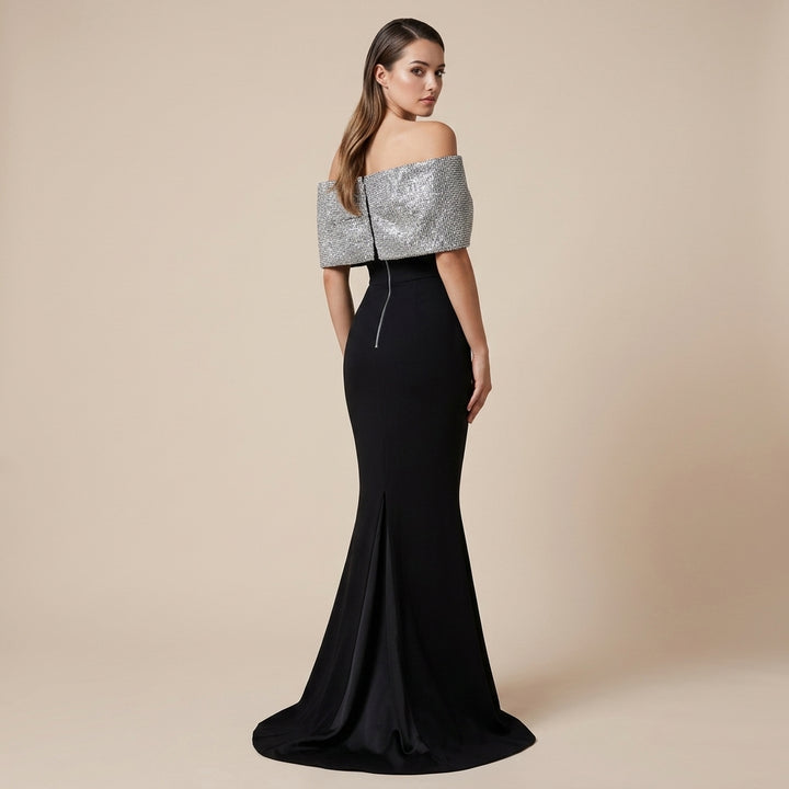 Black Crepe Off-the-Shoulder Silver Glitter Bow Mermaid Evening Gown-Vyana Collective