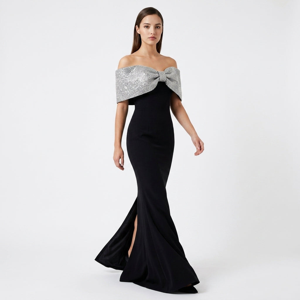Black Crepe Off-the-Shoulder Silver Glitter Bow Mermaid Evening Gown-Vyana Collective