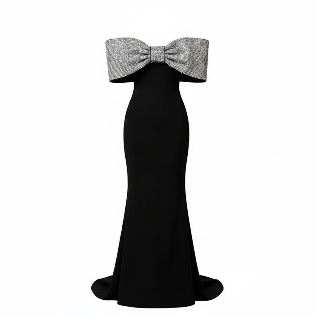 Black Crepe Off-the-Shoulder Silver Glitter Bow Mermaid Evening Gown-Vyana Collective