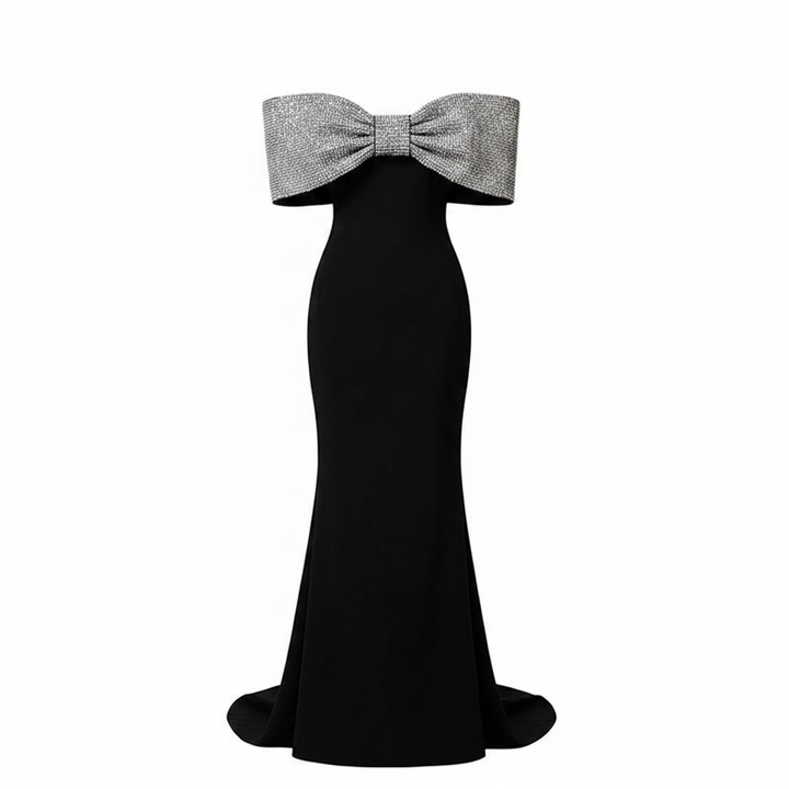Black Crepe Off-the-Shoulder Silver Glitter Bow Mermaid Evening Gown-Vyana Collective