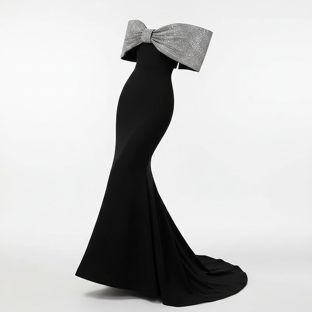 Black Crepe Off-the-Shoulder Silver Glitter Bow Mermaid Evening Gown-Vyana Collective