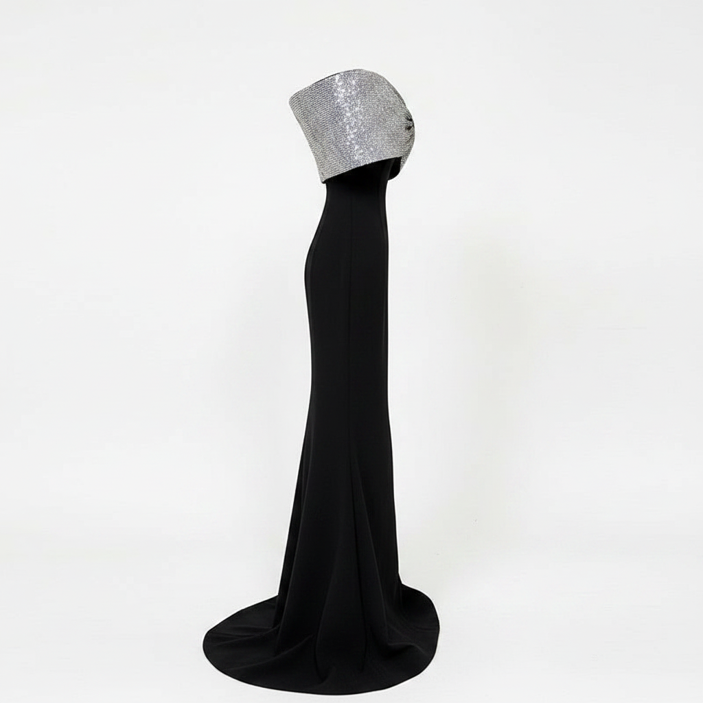 Black Crepe Off-the-Shoulder Silver Glitter Bow Mermaid Evening Gown-Vyana Collective