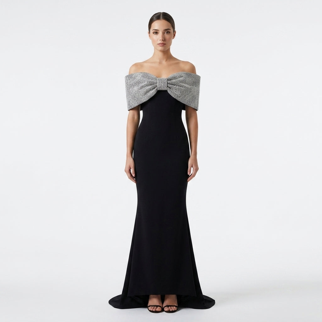 Black Crepe Off-the-Shoulder Silver Glitter Bow Mermaid Evening Gown-Vyana Collective