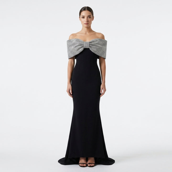 Black Crepe Off-the-Shoulder Silver Glitter Bow Mermaid Evening Gown-Vyana Collective