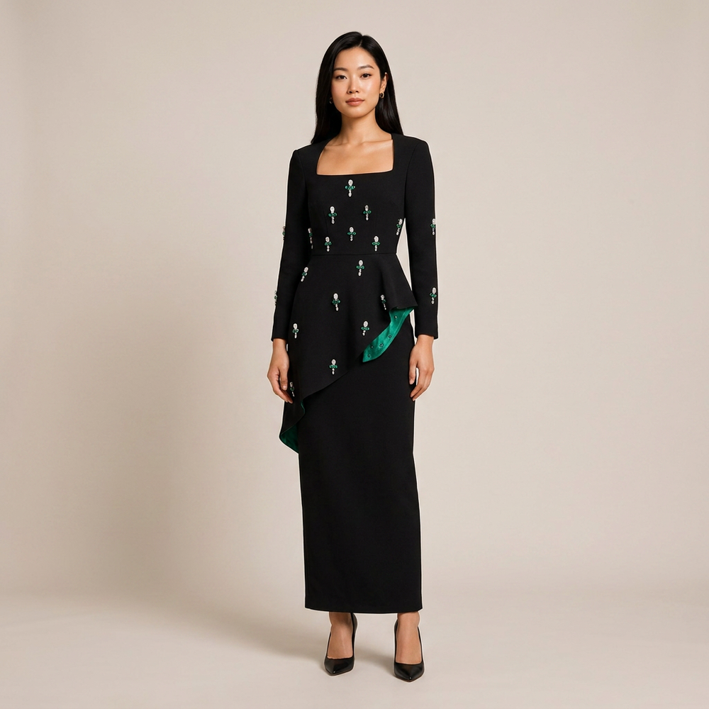 Black Crystal Embellished Square Neck Ruffle Detail Maxi Dress-Vyana Collective