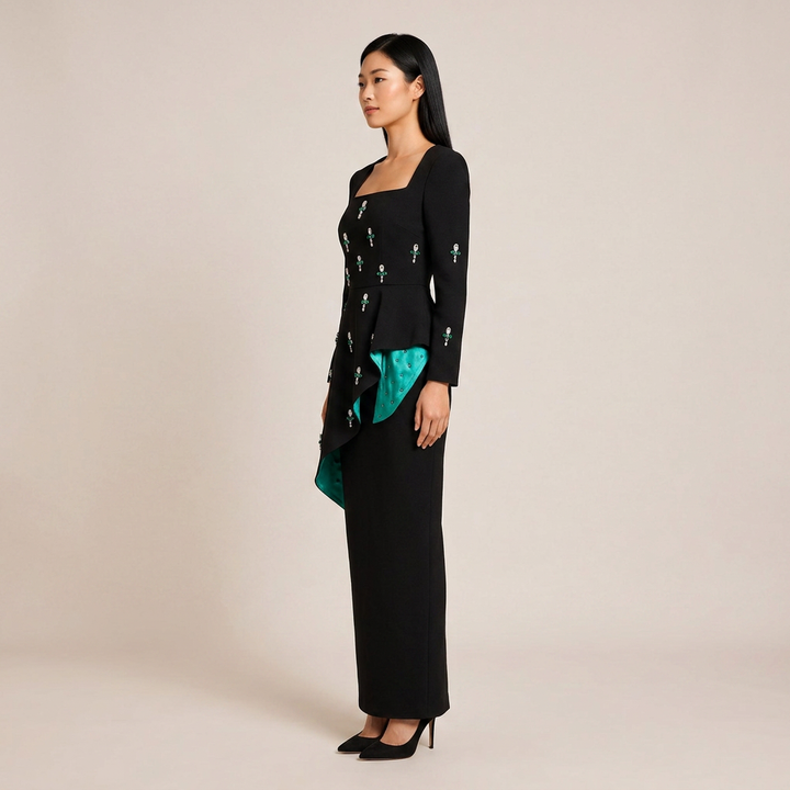 Black Crystal Embellished Square Neck Ruffle Detail Maxi Dress-Vyana Collective