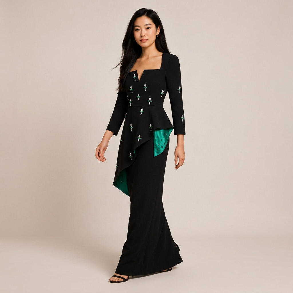 Black Crystal Embellished Square Neck Ruffle Detail Maxi Dress-Vyana Collective