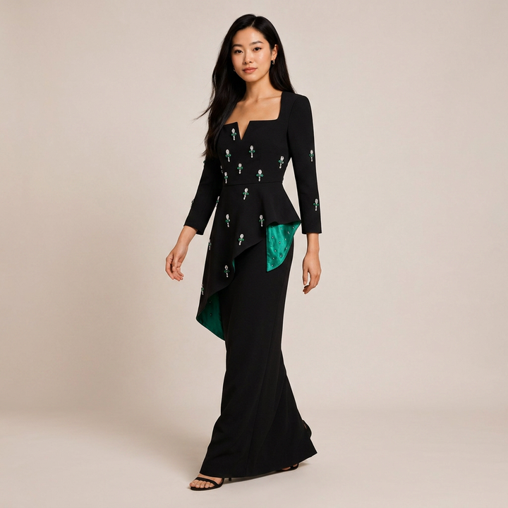 Black Crystal Embellished Square Neck Ruffle Detail Maxi Dress-Vyana Collective