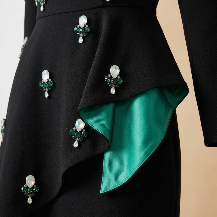 Black Crystal Embellished Square Neck Ruffle Detail Maxi Dress-Vyana Collective