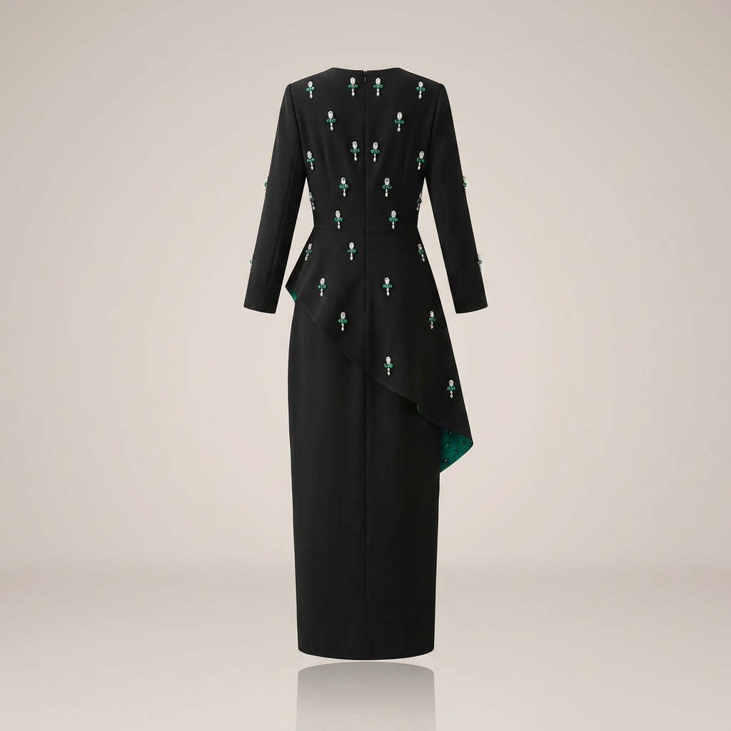 Black Crystal Embellished Square Neck Ruffle Detail Maxi Dress-Vyana Collective