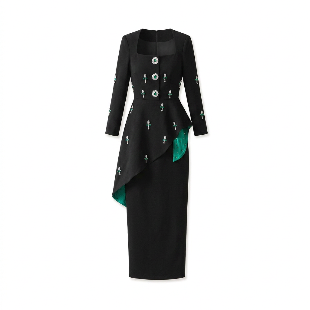 Black Crystal Embellished Square Neck Ruffle Detail Maxi Dress-Vyana Collective