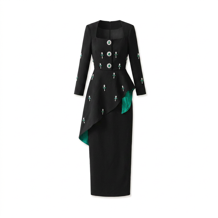 Black Crystal Embellished Square Neck Ruffle Detail Maxi Dress-Vyana Collective