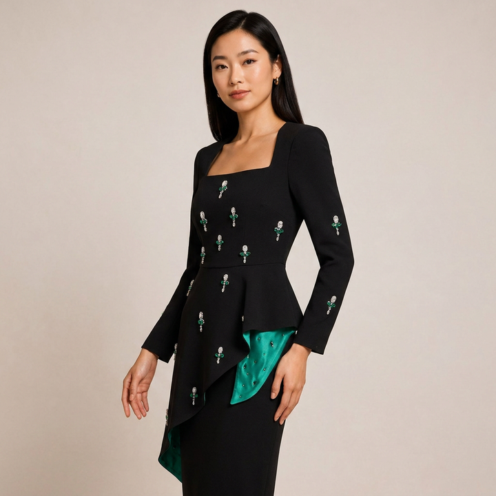 Black Crystal Embellished Square Neck Ruffle Detail Maxi Dress-Vyana Collective