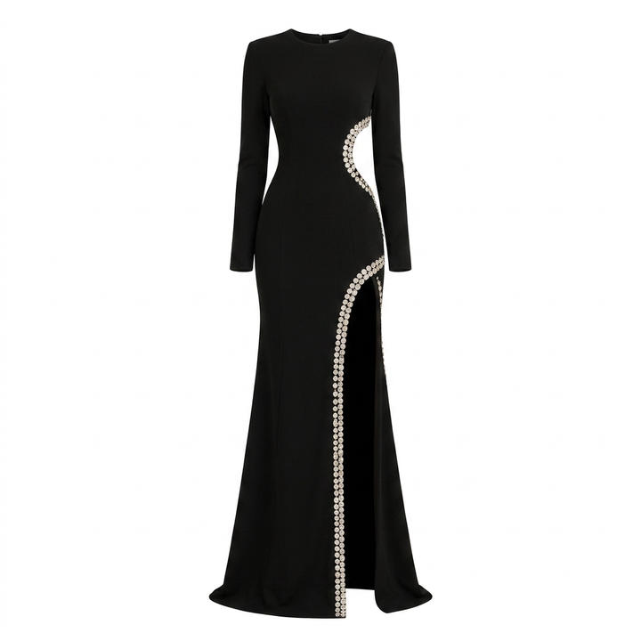 Black Crystal-Trim Side Cutout Long-Sleeve Maxi Evening Gown-Vyana Collective