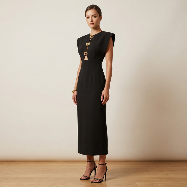 Black Cutout Maxi Dress with Gold Button Detail for Friday Night Vibes and Evening Elegance Women-Vyana Collective