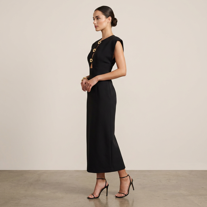 Black Cutout Maxi Dress with Gold Button Detail for Friday Night Vibes and Evening Elegance Women-Vyana Collective