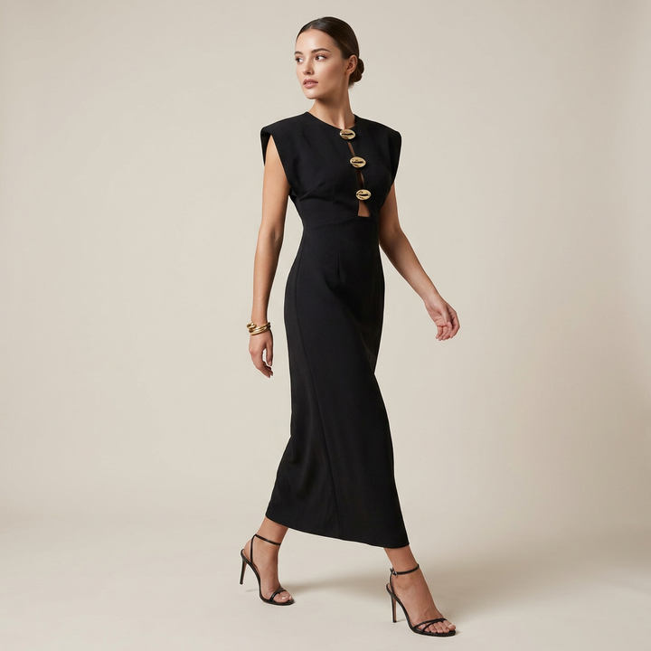 Black Cutout Maxi Dress with Gold Button Detail for Friday Night Vibes and Evening Elegance Women-Vyana Collective