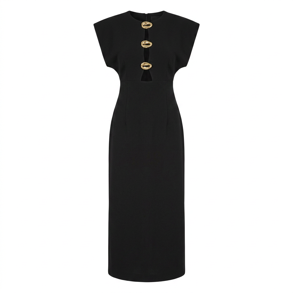 Black Cutout Maxi Dress with Gold Button Detail for Friday Night Vibes and Evening Elegance Women-Vyana Collective