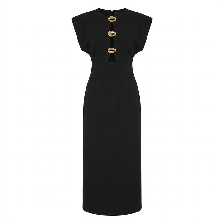 Black Cutout Maxi Dress with Gold Button Detail for Friday Night Vibes and Evening Elegance Women-Vyana Collective