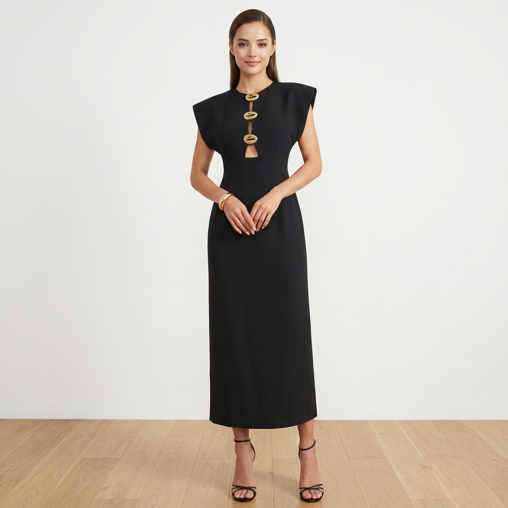 Black Cutout Maxi Dress with Gold Button Detail for Friday Night Vibes and Evening Elegance Women-Vyana Collective