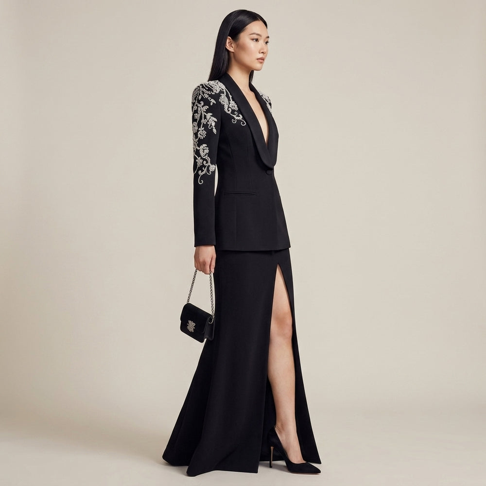 Black Diamond-Beaded Embroidered Shawl-Lapel Blazer-Vyana Collective