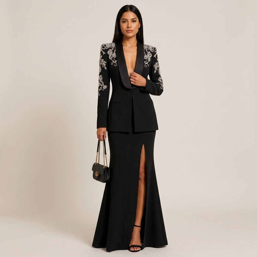 Black Diamond-Beaded Embroidered Shawl-Lapel Blazer-Vyana Collective