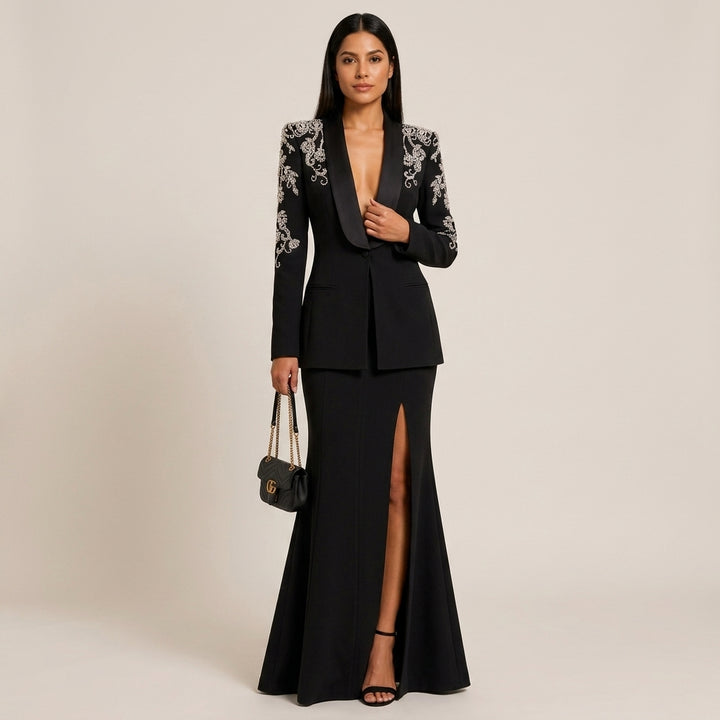 Black Diamond-Beaded Embroidered Shawl-Lapel Blazer-Vyana Collective