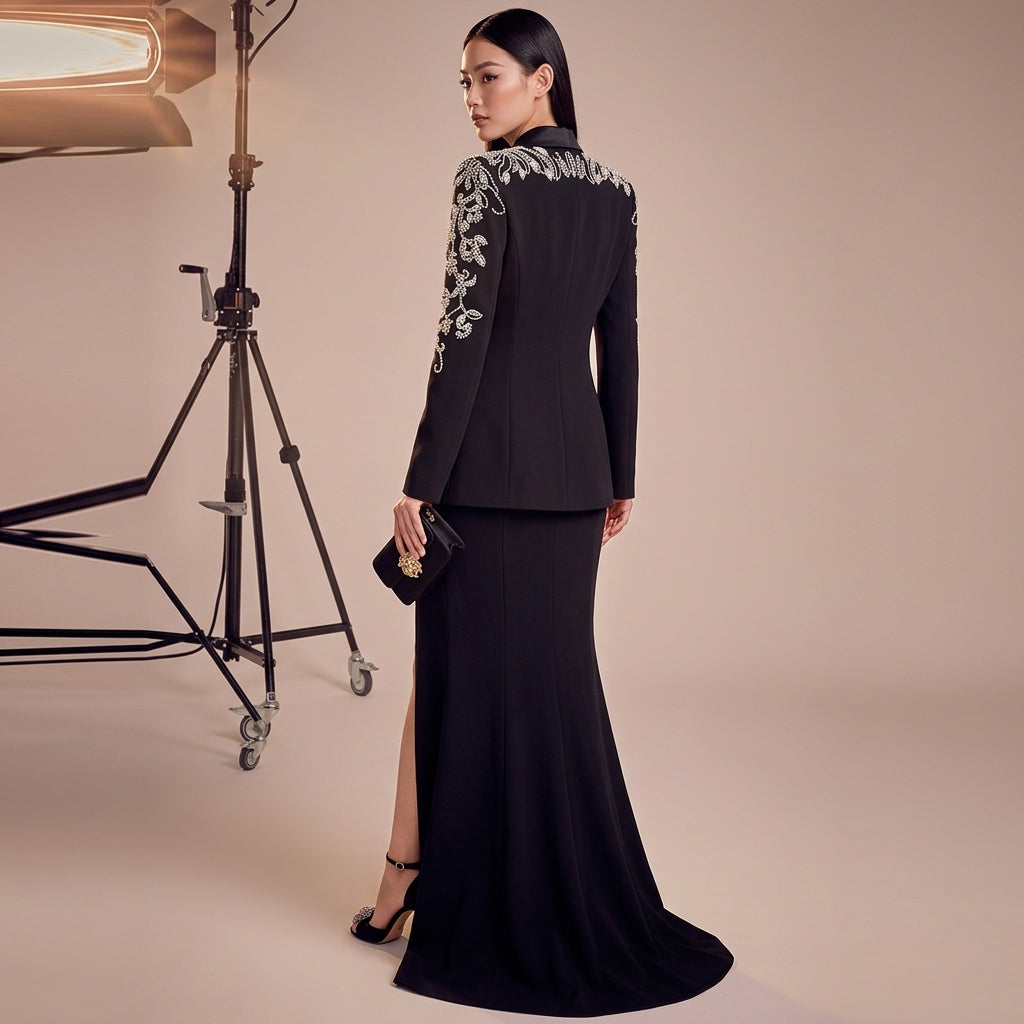 Black Diamond-Beaded Embroidered Shawl-Lapel Blazer-Vyana Collective