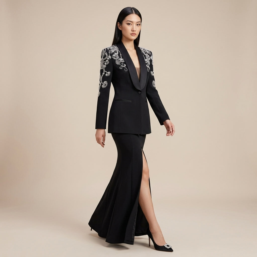Black Diamond-Beaded Embroidered Shawl-Lapel Blazer-Vyana Collective