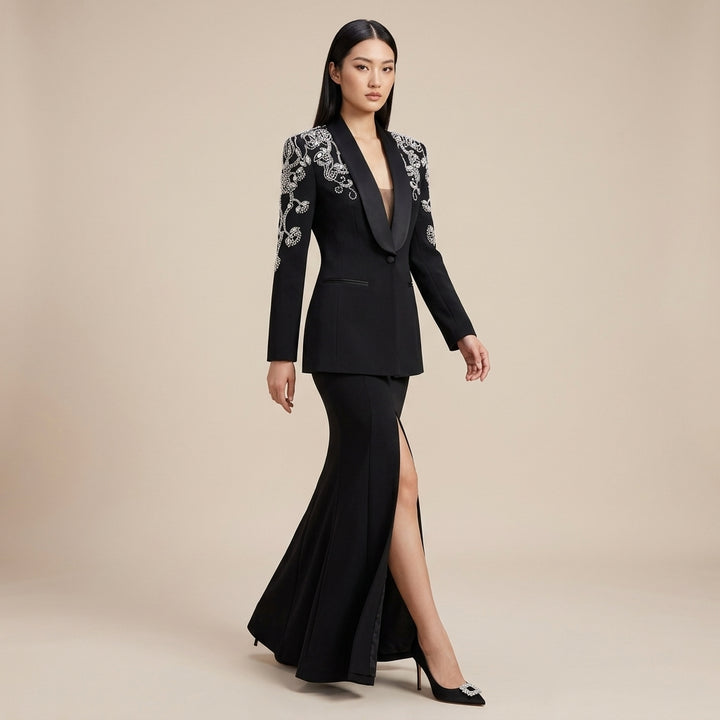 Black Diamond-Beaded Embroidered Shawl-Lapel Blazer-Vyana Collective