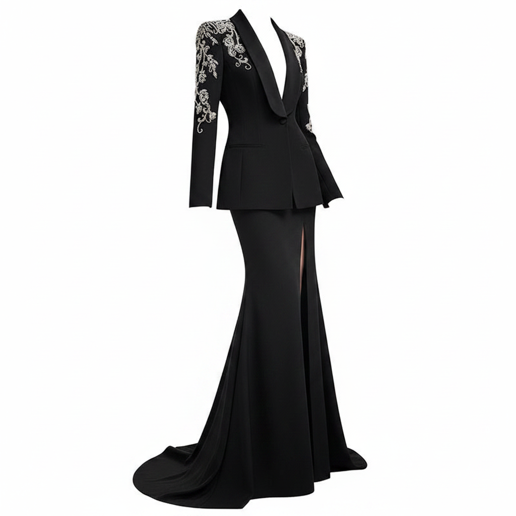 Black Diamond-Beaded Embroidered Shawl-Lapel Blazer-Vyana Collective