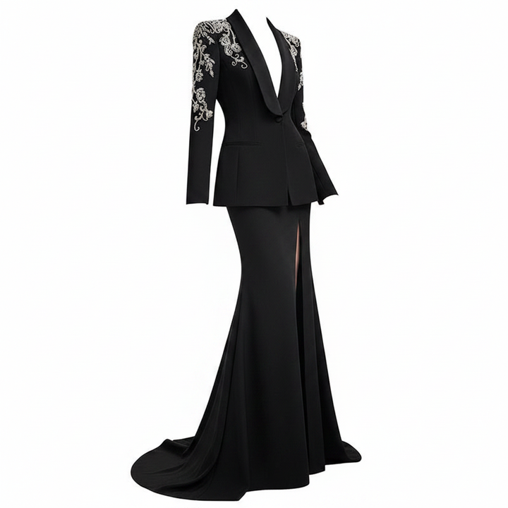 Black Diamond-Beaded Embroidered Shawl-Lapel Blazer-Vyana Collective