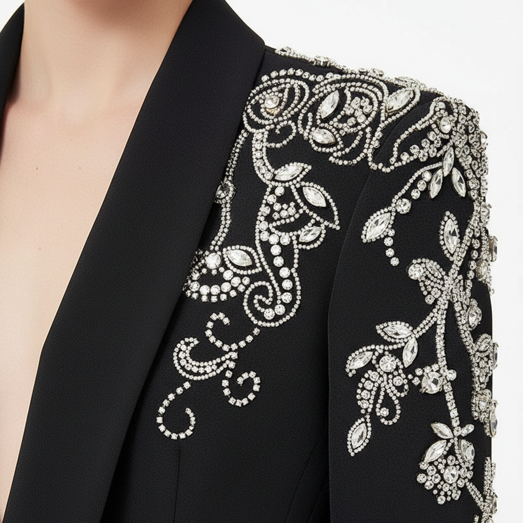 Black Diamond-Beaded Embroidered Shawl-Lapel Blazer-Vyana Collective