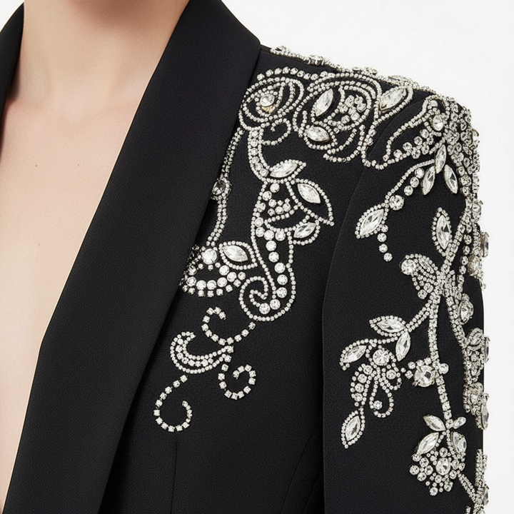 Black Diamond-Beaded Embroidered Shawl-Lapel Blazer-Vyana Collective