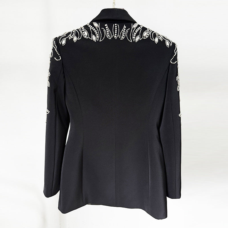 Black Diamond-Beaded Embroidered Shawl-Lapel Blazer-Vyana Collective