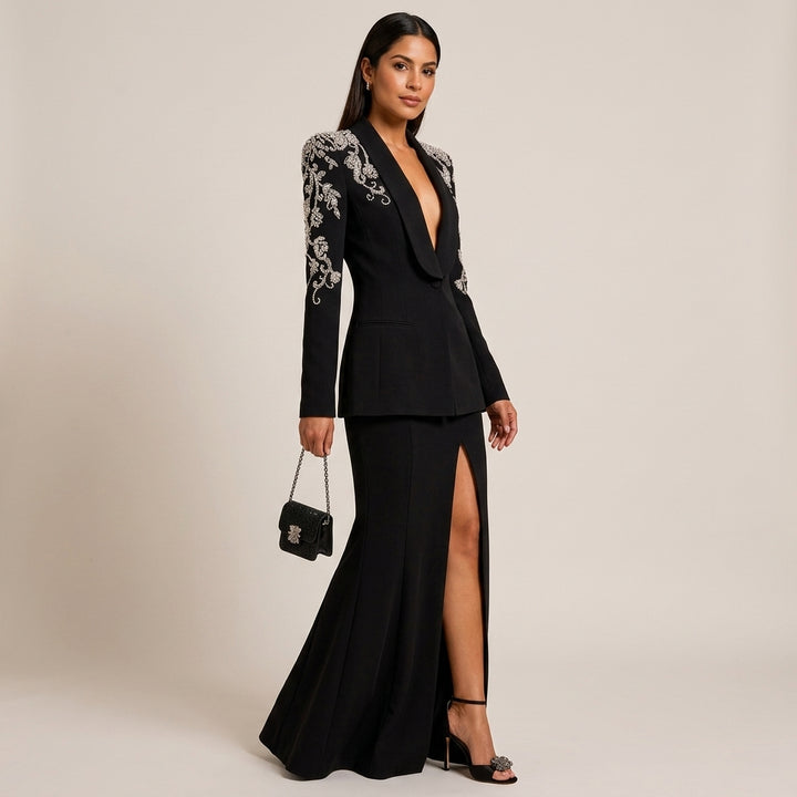 Black Diamond-Beaded Embroidered Shawl-Lapel Blazer-Vyana Collective