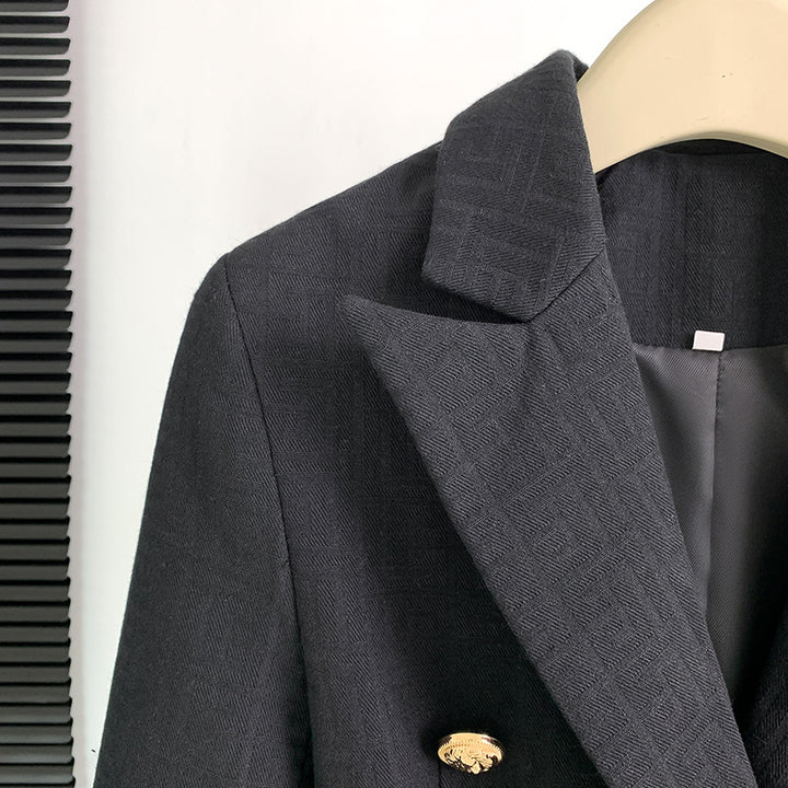 Black Double-Breasted Belted Tailored Blazer-Vyana Collective