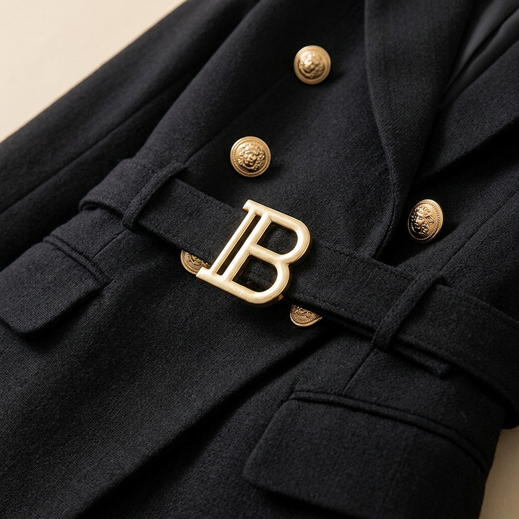 Black Double-Breasted Belted Tailored Blazer-Vyana Collective