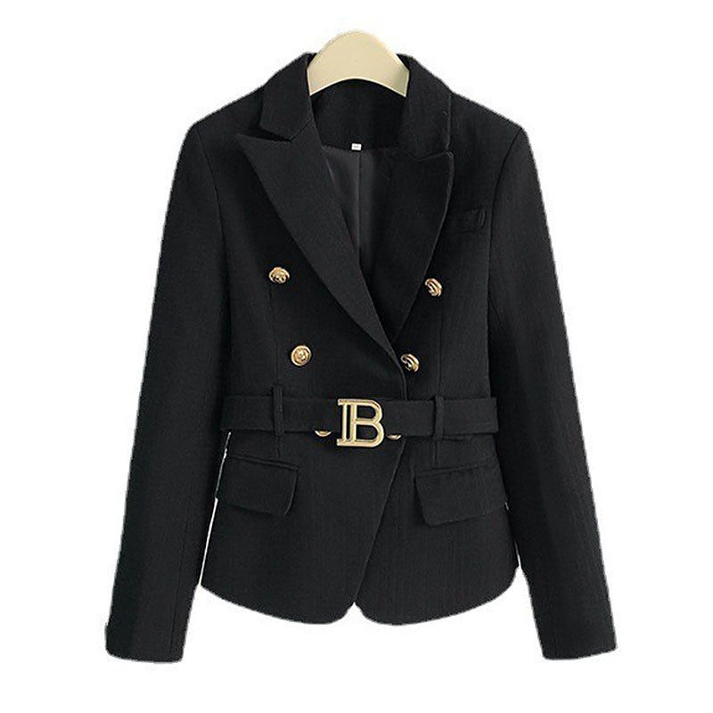 Black Double-Breasted Belted Tailored Blazer-Vyana Collective