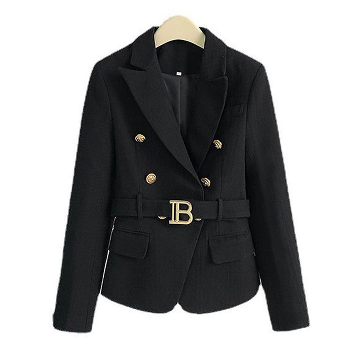 Black Double-Breasted Belted Tailored Blazer-Vyana Collective