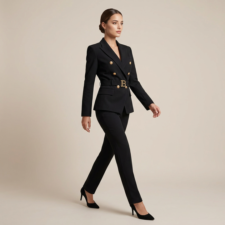 Black Double-Breasted Belted Tailored Blazer-Vyana Collective