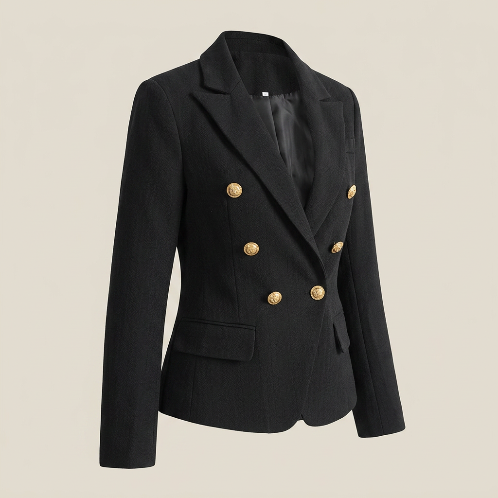 Black Double-Breasted Belted Tailored Blazer-Vyana Collective