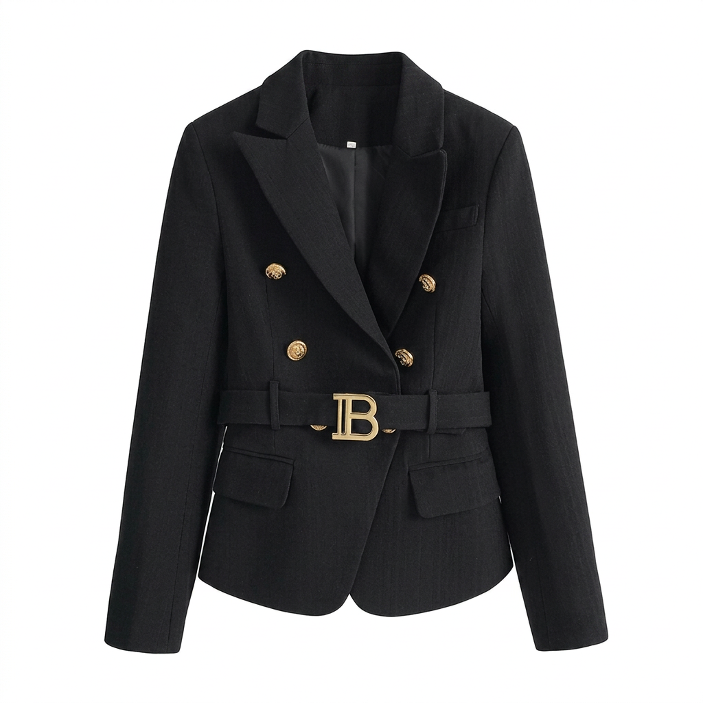 Black Double-Breasted Belted Tailored Blazer-Vyana Collective