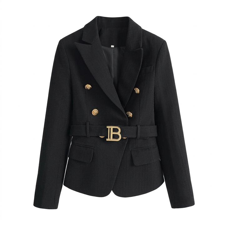 Black Double-Breasted Belted Tailored Blazer-Vyana Collective