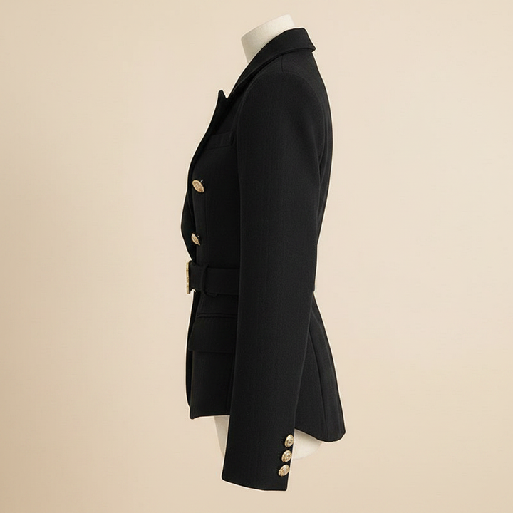 Black Double-Breasted Belted Tailored Blazer-Vyana Collective