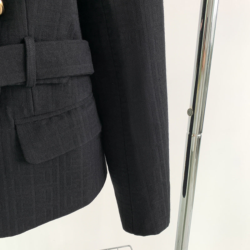 Black Double-Breasted Belted Tailored Blazer-Vyana Collective