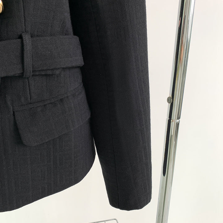 Black Double-Breasted Belted Tailored Blazer-Vyana Collective