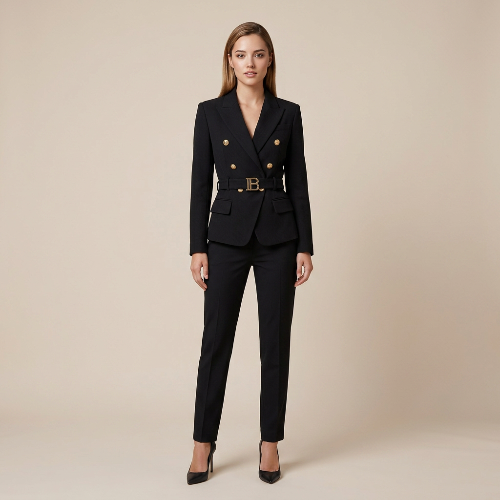 Black Double-Breasted Belted Tailored Blazer-Vyana Collective