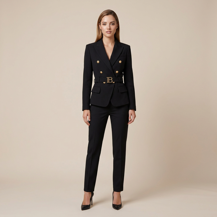 Black Double-Breasted Belted Tailored Blazer-Vyana Collective
